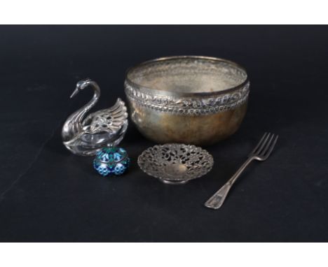 A silver and glass swan cruet, silver fork, white metal dish, pots and cover and an Eastern brass bowl