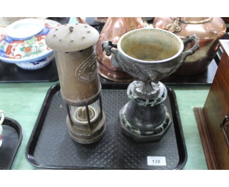 A brass miners lamp by Thomas &amp; Williams Aberdare plus Victorian bronze and marble lamp base