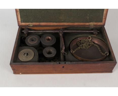 19th Century mahogany beam scales by T Beach with various sets of cup and other weights