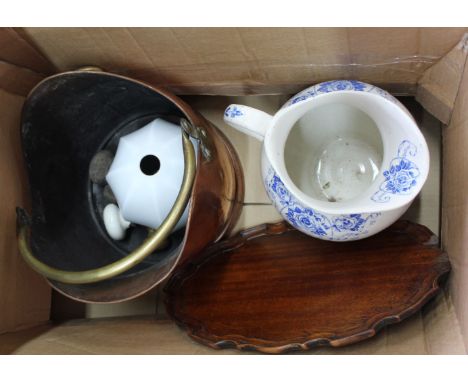 A copper coal helmet, Victorian blue and white toilet jug plus other items
