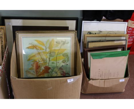 Various watercolours and prints (two boxes)