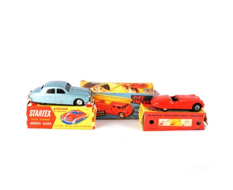 Startex Jaguar 2.4 Saloon tin-plate model, boxed, along with a Mercedes in incorrect box, and a Mettor plastic fire engine, b