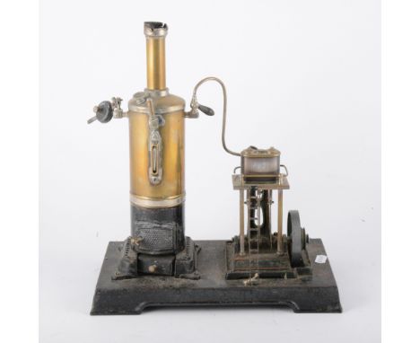 Doll &amp; Cie live steam stationary engine, with vertical boiler and double cylinder engine, on platform, height 33cm overal