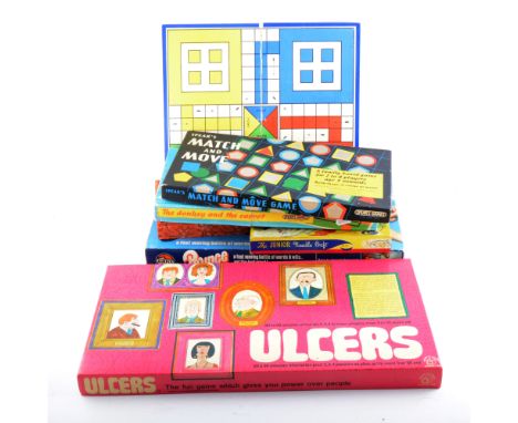 Vintage toys and games, including Ulcers board game, other board games, Merrythought Coronation bear, Robot pop-up book, puzz