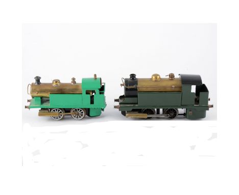 Bowmans live steam powered locomotive train engine, 21cm long and a similar engine, 18cm long, both painted, (2). 