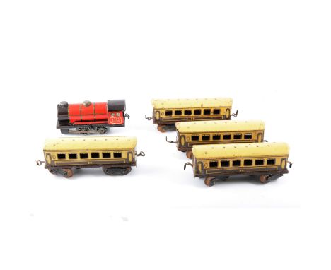 Early Chad Valley tin-plate clockwork train locomotive, British Railways n03402, along with 4 passenger coaches and track.