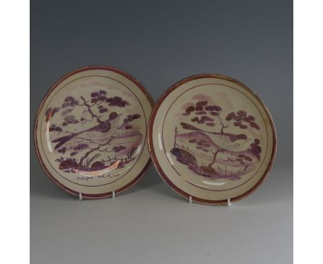 Two 19thC Sunderland lustre pottery Plates, decorated to the well with a bird amongst trees, within lustre banding, D 20cm (2