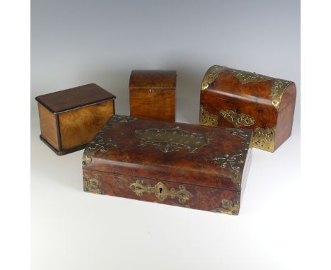 A Victorian burr walnut games Box, with gilt metal mounts, the centre depicting playing cards, W 28 cm x H 8.5 cm x D 18.5 cm