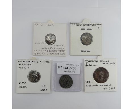 Antiquarian Coins; Roman Republic Period, a silver Denarius, the obverse with helmetted head of Roma and 'X' mark, the revers