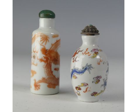 An early 20thC Chinese porcelain Snuff Bottle, decorated in iron red depiction of dragon chasing the pearl, with associated j