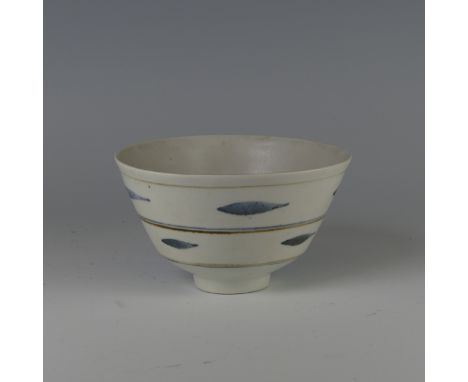 David Leach OBE (1911-2005) a studio pottery Footed Bowl, the plain ground with manganese interspersed with blue patterns, im