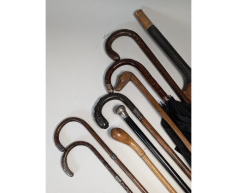 An early 20th century carved horn handled walking Stick, with hickory shaft and silver collar, L 87 cm, together with a quant