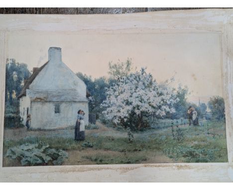 Alfred Heaton Cooper,&nbsp;British 1863-1929,&nbsp; Figures by a cottage in spring with church spire beyond, watercolour on p