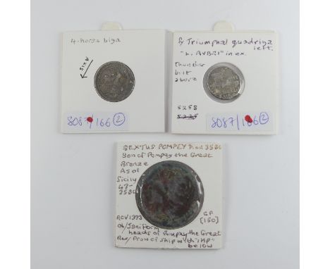 Antiquarian Coins; A quantity of late Roman Republic period Coins, including A Sextus Pompey bronze As, c.43-35 BC, a silver 
