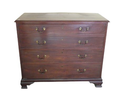 A George III mahogany Chest of drawers, rectangular top over four long graduating drawers, raised on shaped bracket feet, W 1