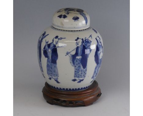A 19thC Chinese blue and white porcelain Ginger Jar, decorated with underglaze blue depictions of figures, with corresponding