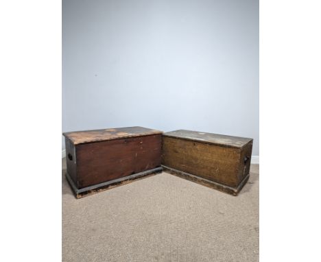 An antique stained Trunk, with carrying handles to either side, W 95 cm x H 51 cm x D 51 cm, together with another antique Tr