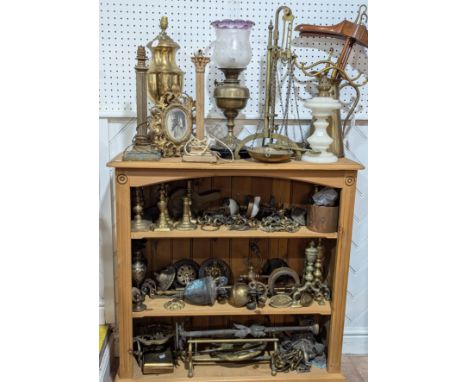 A set of antique brass Scales, together with a large collection of antique brass, including; bulbous brass lamp, oil lamp, br
