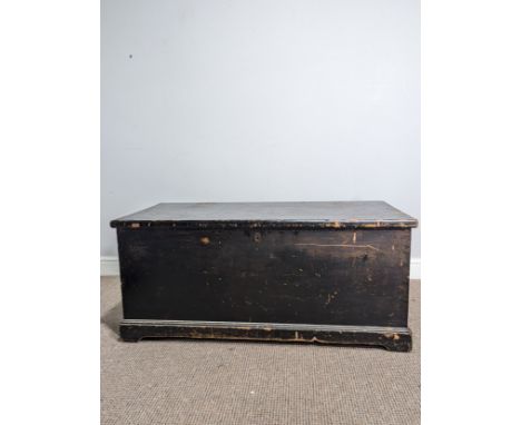 An antique ebonised pine Trunk, with carrying handles to either side, W 105 cm x H 47 cm x D 48 cm. 