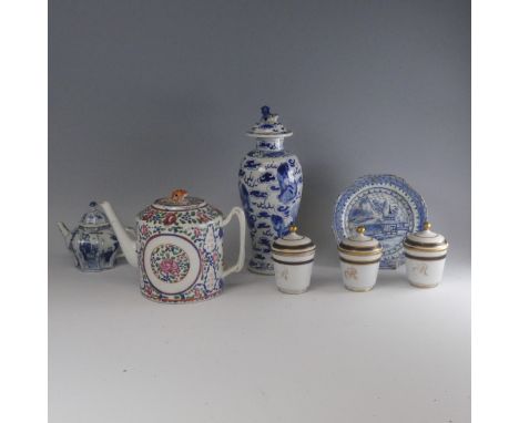 A 19thC Chinese porcelain famille rose Teapot, of cylindrical form with twist handles and foliate finial to cover, H 16cm, to