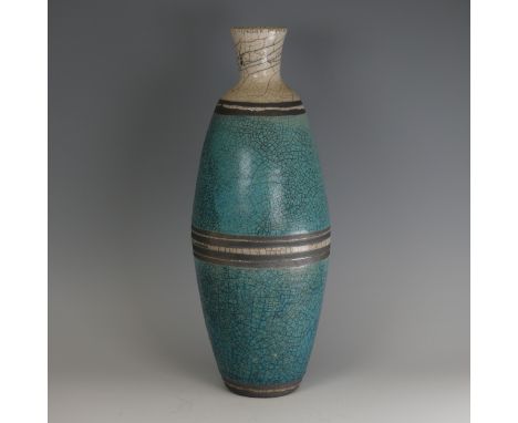 Simon Leach (b. 1956) a studio pottery raku baluster Vase, decorated in turquoise and white, banded with grey, impressed mark