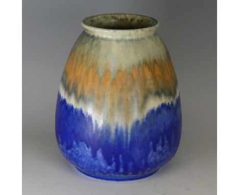 A 1932 Ruskin tapered Vase, crystalline glaze of blues over light brown trickling through to a deep cobalt blue, impressed ma