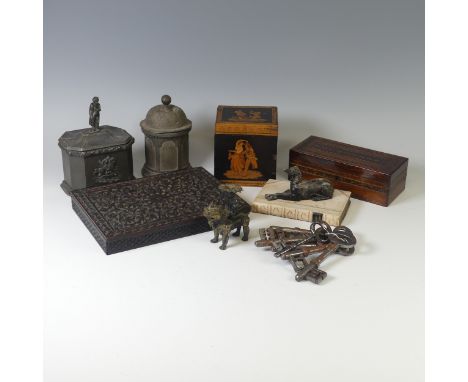 An antique straw-work and inlaid Tea Caddy, depicting figures, W 11.5 cm x H 12.5 cm x D 10 cm, together with a Victorian Tun