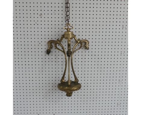 An antique gilt metal Art Nouveau style three light Chandelier, note with some losses, W 31 cm x H 55 cm x D 31 cm. 