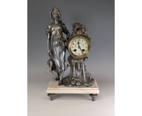 A late 19th/early 20th century French spelter and marble figural mantle Clock, movement stamped '36176' striking on bell, wit