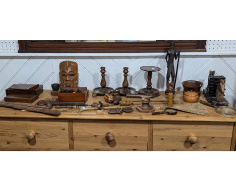 A collection of antique and later Treen,&nbsp;including; a near complete set of antique treen Chess pieces/set, a pair of tre