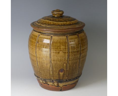 Mike Dodd (b. 1943) a stoneware Storage Jar and Cover, of fluted form, with knop finial to cover, impressed mark to foot, H 3