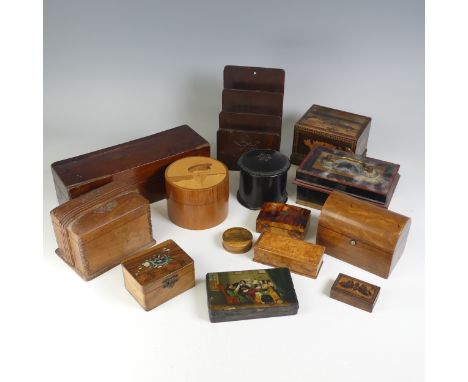 A collection of small antique Boxes, including; an antique miniature oak domed top Tea Caddy, a Tunbridge ware pill Pot, Alex