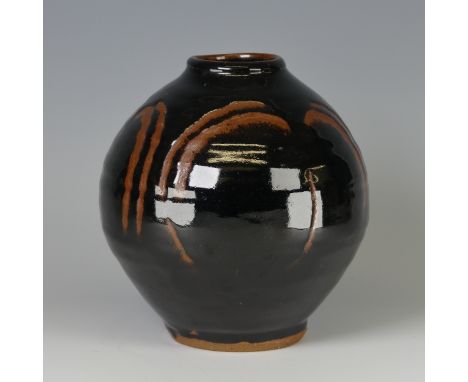 Mike Dodd (b. 1943) a studio pottery Vase, of bulbous form, with tenmoku glaze over wax resist decoration, impressed mark to 