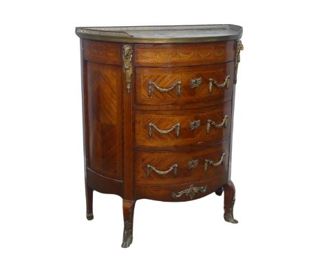 A 19th century French kingwood and marquetry demi-lune Commode / Chest of drawers, of small proportions, three quarter pierce