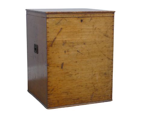 A 20th century oak campaign Box / Trunk, of square proportions, with inset brass handles, W 47 cm x H 59 cm x D 47 cm, note, 