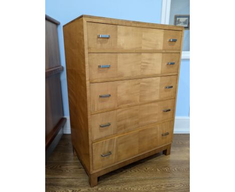 A Heals Arts Deco Chest of five drawers, probably maple or sycamore veneer, circa 1930s, five graduating drawers inset with o
