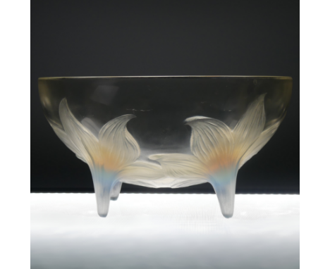 An R. Lalique 'Lys' pattern opalescent glass Bowl, no. 382, raised on four stylised legs, with etched and moulded 'R. Lalique
