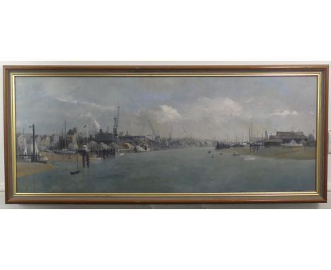 Anthony R. Cooke (1933-2006), Industrial River landscape with docks, possibly the Thames, oil on board, signed "A. R. Cooke" 