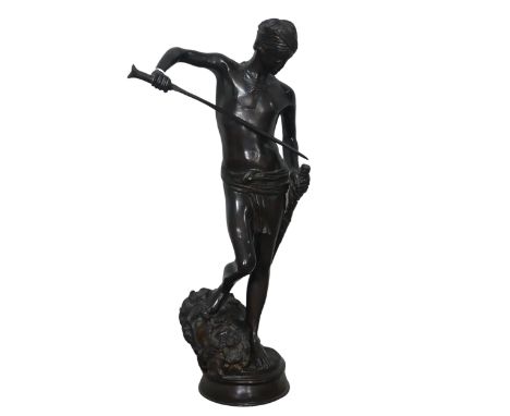 After Antonin Mercie&nbsp;(1845-1916), a large French patinated bronze figure 'David Vainqueur de Goliath',&nbsp;posed sheath