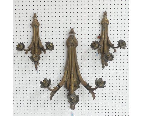 A large antique gilt metal three light Wall Sconce, with foliate designs, L 60 cm, together a matching pair of smaller gilt m