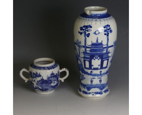 A 19thC Chinese blue and white porcelain Vase, decorated with trees and pagoda in the moonlight, four character mark for Jiaq