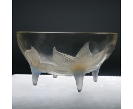 An R. Lalique 'Lys' pattern opalescent glass Bowl, no. 382, raised on four stylised legs, with etched and moulded 'R. Lalique