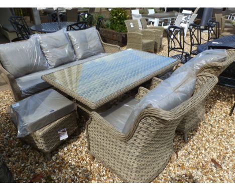 A Bramblecrest casual dining set comprising a sofa, two chairs and two stools
