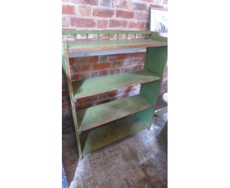 An early 20th century kitchen pan shelf or bookcase with spindle decoration to top in old green paint - Height 112cm x Width 