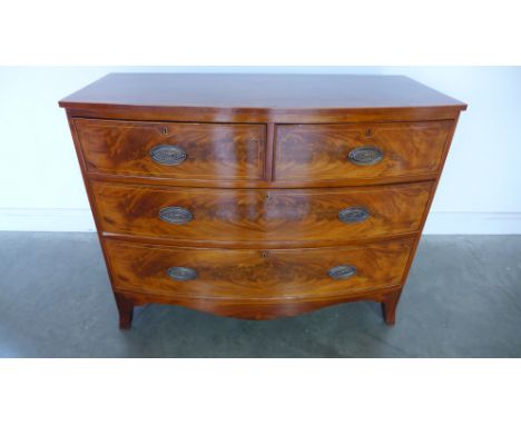 A 19th century mahogany bowfronted four drawer chest on splayed bracket feet - Height 93cm x Width 116cm x Depth 54cm