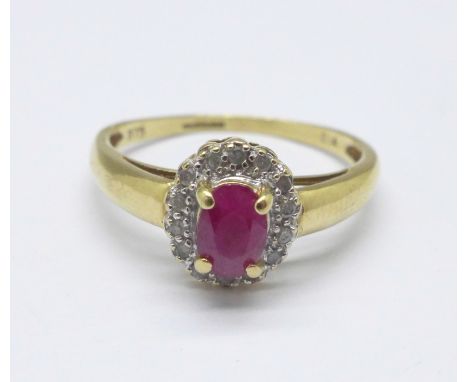 A 9ct gold, diamond and ruby ring, 2g, N 