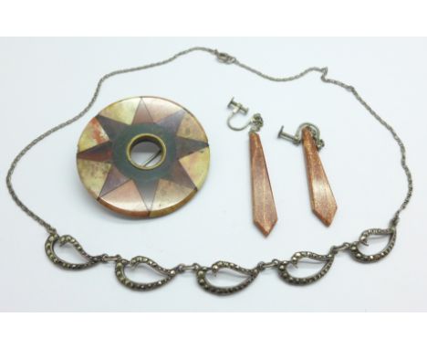 A silver and marcasite necklace, a Celtic agate brooch, a/f, and a pair of drop earrings 