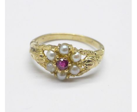 A 9ct gold, ruby and pearl cluster ring, 2g, K 