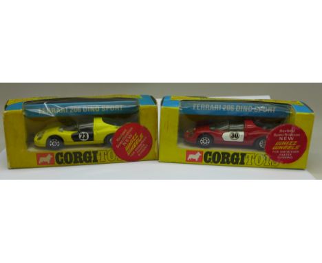 Two Corgi Toys 344 Ferrari 206 Dino Sport racing cars, yellow and red, boxed 