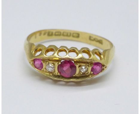 An 18ct gold, ruby and diamond ring, 2.6g, P 